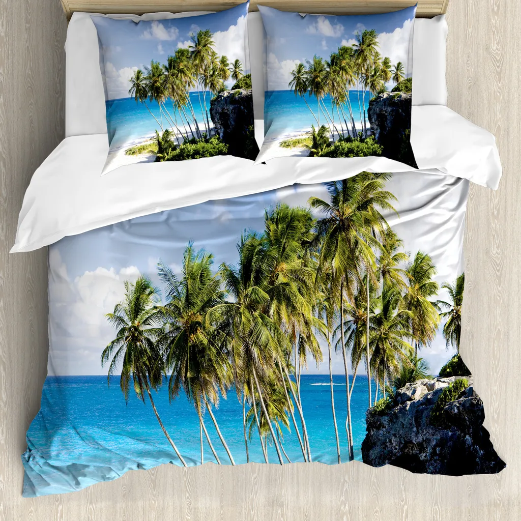 ABAKUHAUS Set copripiumino tropicale per letti matrimoniali, spiaggia esotica, antiacaro, adatto a chi soffre di allergie, con federe, crema blu