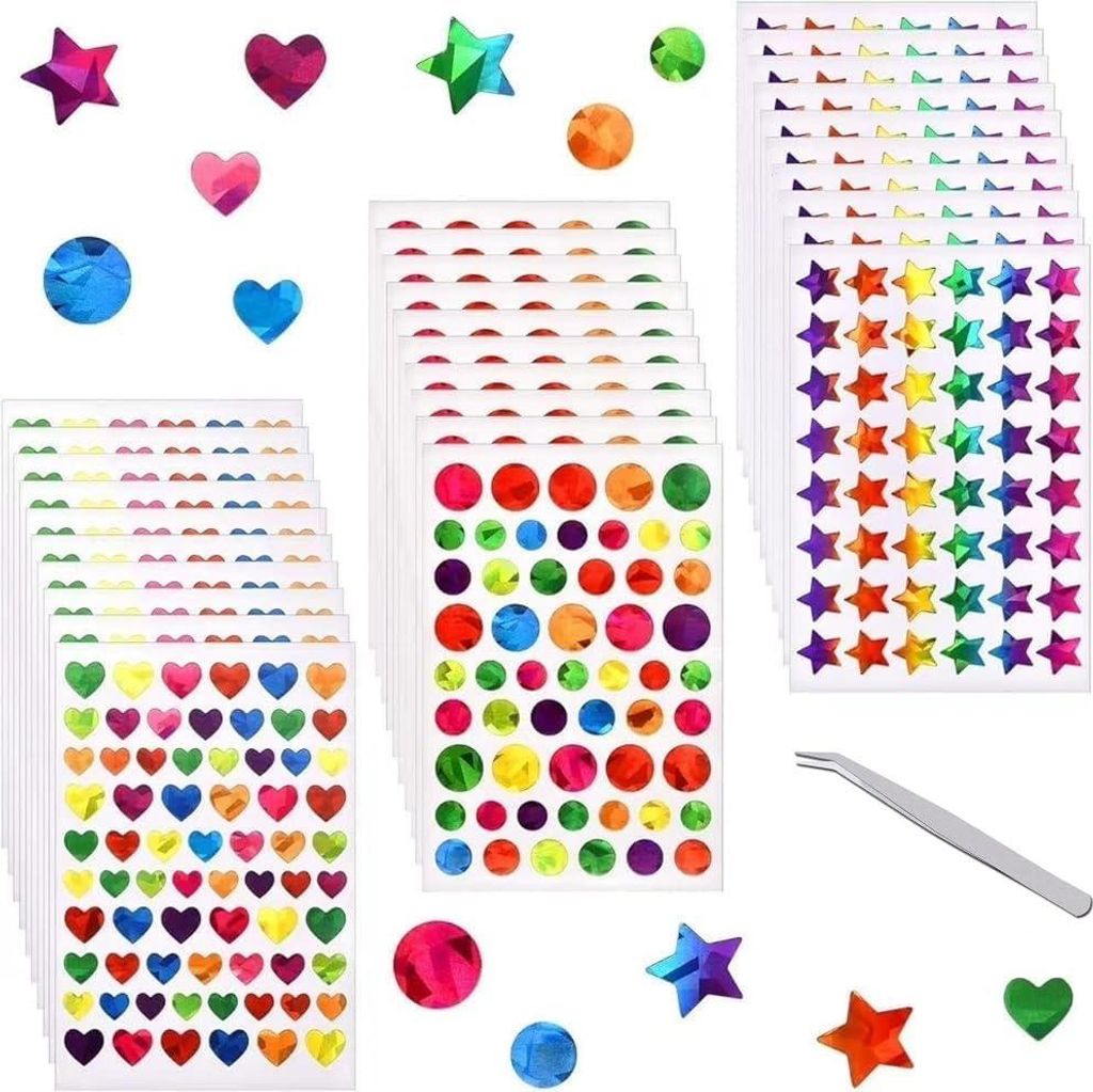 3420-teiliges buntes selbstklebendes Etiketten-Aufkleber-Set (je 20 Seiten Herz/Kreis/Stern) und 1 Pinzette