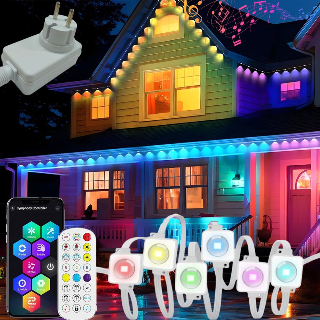 15M Smart RGBIC Permanente Außenbeleuchtung mit Fernbedienung IP67 Wasserdichte Musiksyn Traufleuchten für Party Wandleuchte Garten Weihnachten ...