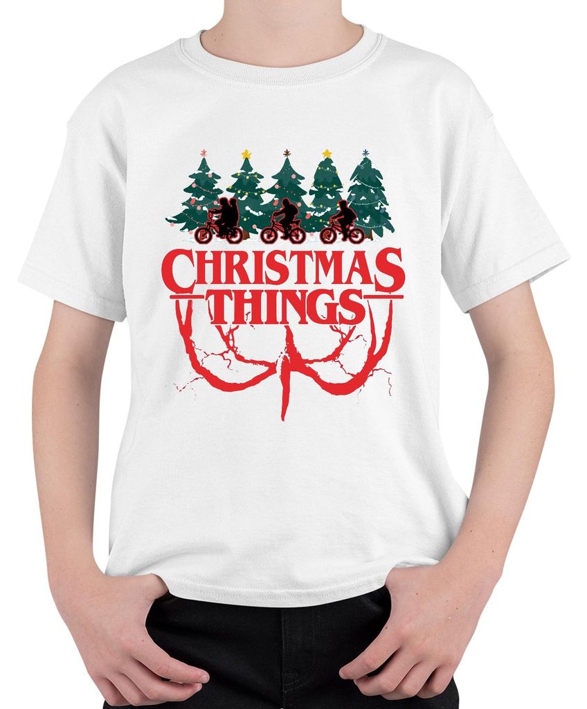 CHRISTMAS THINGS Stranger Weihnachten Demogorgon Kinder Retro Uni Kinder T-Shirt, Weiß, 140