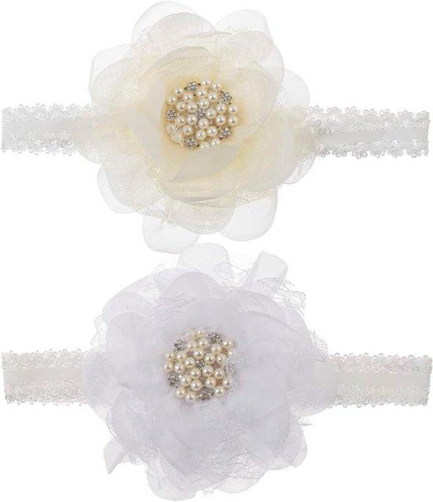 Babyhaaraccessoire-Set - Elastische kanten - Bloemenkralen - Verjaardagscadeau - Weiß/Ivory - 2-teilig