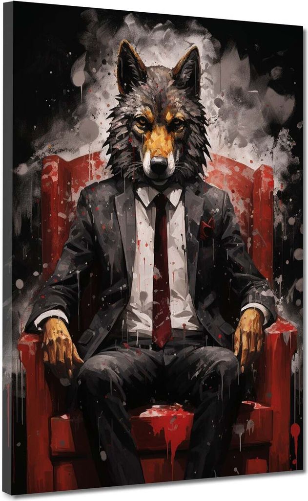Wolf im Anzug sitzend im roten Sessel Leinwandbild Wandbild Kunstdruck Wanddeko: 90x120x4cm