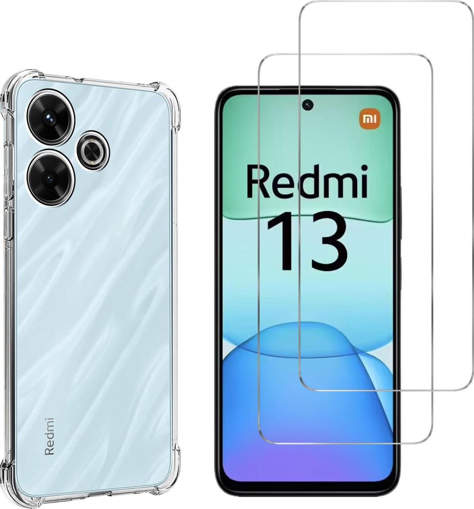 Stoßfeste Hülle für Xiaomi Redmi 13 und 2 Displayschutzfolien aus Hartglas Phonillico