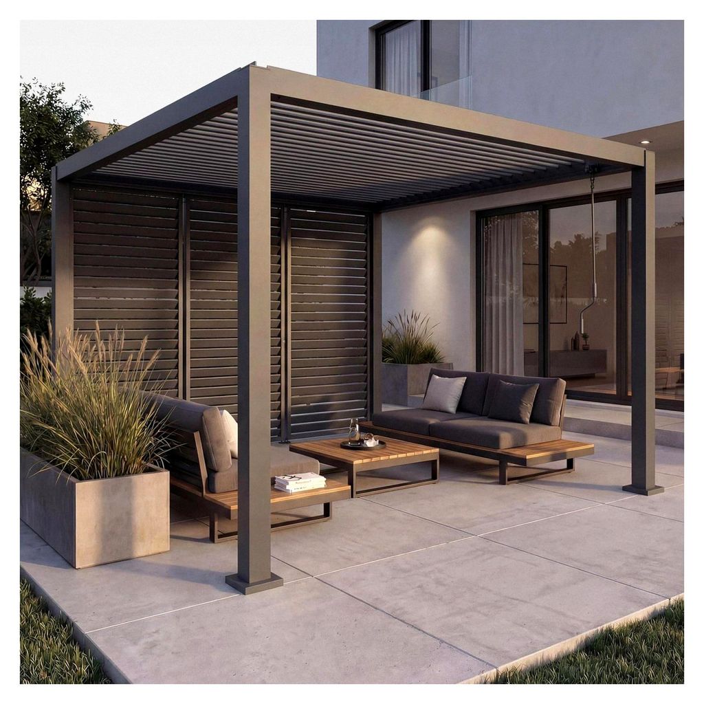 Pergola mit 3 Lamellenwänden, Terrassenüberdachung Garten Lamellen-Pavillon, 10cm-Alu-Gestell 3x3m - anthrazit