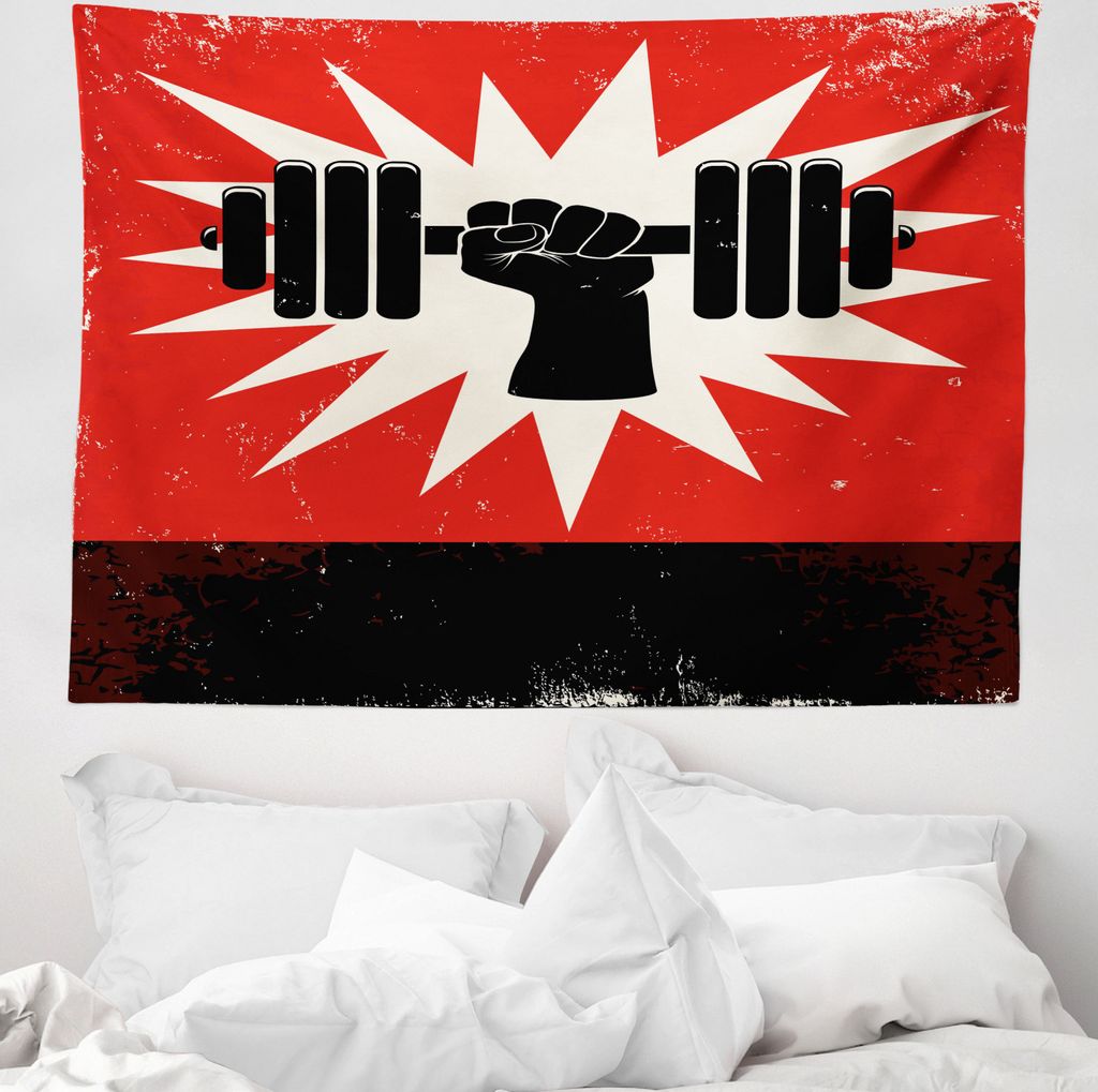 ABAKUHAUS Fitness Wandteppich, Grunge Hantel Aufzug aus Weiches Mikrofaser Stoff Waschbar ohne Verblassen Digitaldruck, 150 x 110 cm, Vermilion Sch...