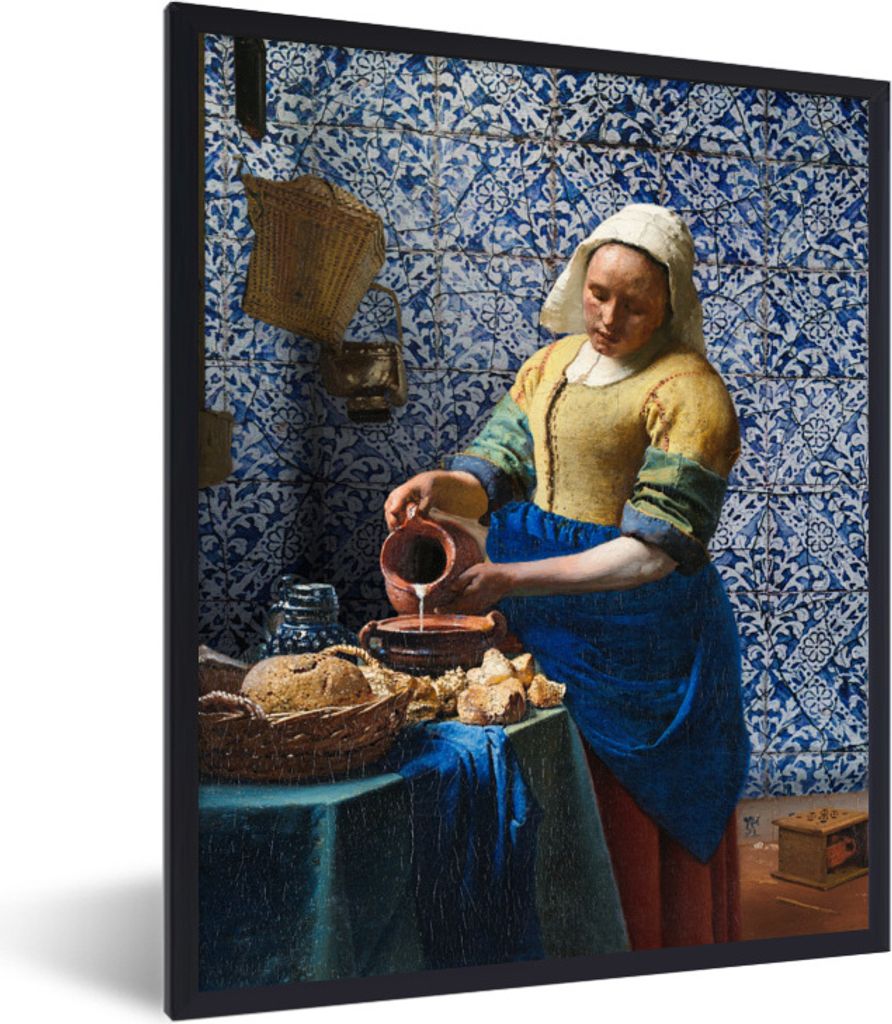 MuchoWow Gerahmtes Poster Milchmädchen - Delfter Blau - Vermeer - Gemälde - Alte Meister 60x80 cm - Poster mit Schwarzem Bilderrahmen Wandposte...