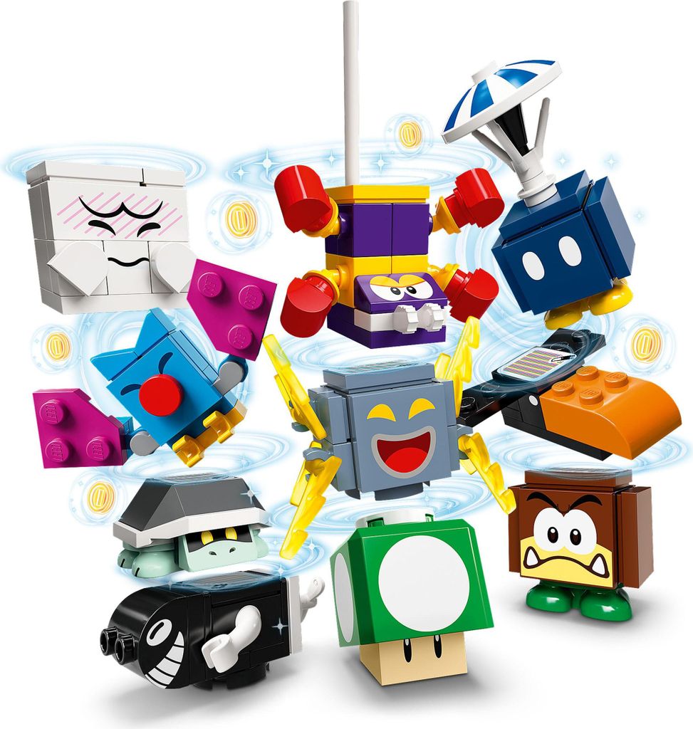 A collection of LEGO Super Mario character packs arranged in a circular pattern with a white background and subtle swirling blue and gold coin graphics.