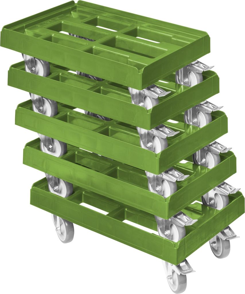 5 x Stück Transportroller - Typ B-F - für Kisten 600x400 mm mit 2 Bremsen Grün