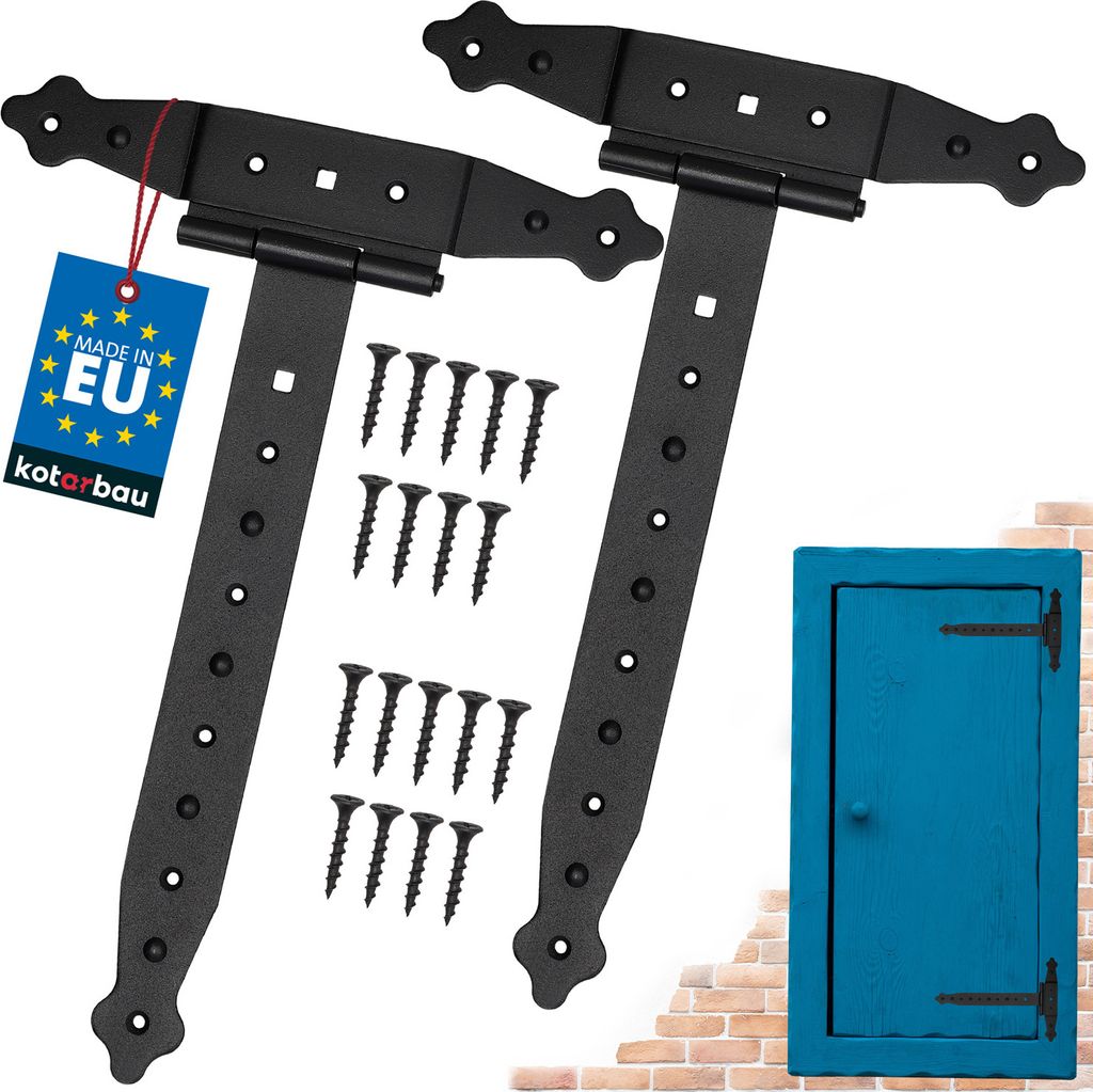 KOTARBAU 2er Set Kreuzgehänge 300 mm Ladenband Scharnier Band Platte Baubeschlag Torbeschlag Holzverbindung Werfgehänge T-Scharnier T-Band Pulv...