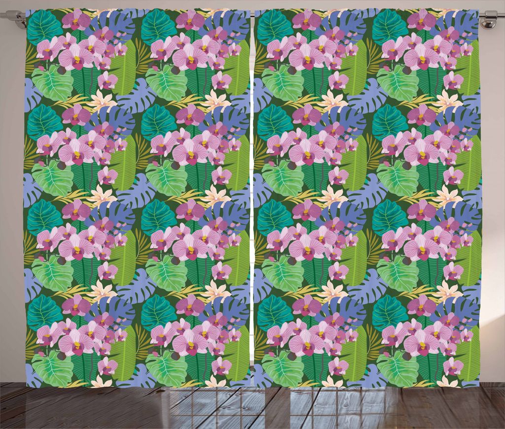 ABAKUHAUS Orchideen Rustikaler Vorhang, Bunte Aloha Insel-Motiv, Wohnzimmer Universalband Gardinen mit Schlaufen und Haken, 280 x 245 cm, Mehrfarbig