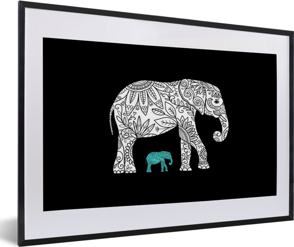 MuchoWow MuchoWow Gerahmtes Poster Elefant - Blumen - Pflanzen 60x40 cm - Poster mit zchwarzem Bilderrahmen - Schlafzimmer - Plakat in Rahmen -...