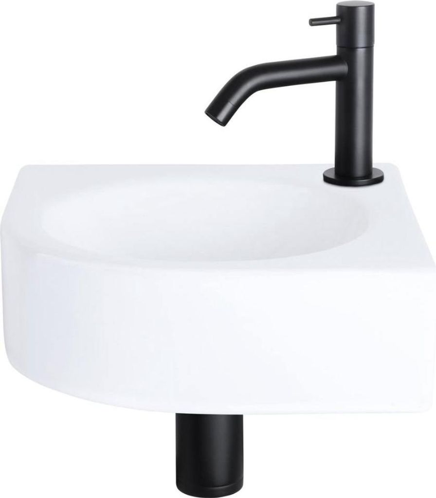 Differnz Cleo Aufsatzwaschbecken 30x30x10 cm – Waschbecken Bad Keramik Weiß – Mit Wasserhahn Bad in Mattschwarz – Waschtisch mit Gebogener A...