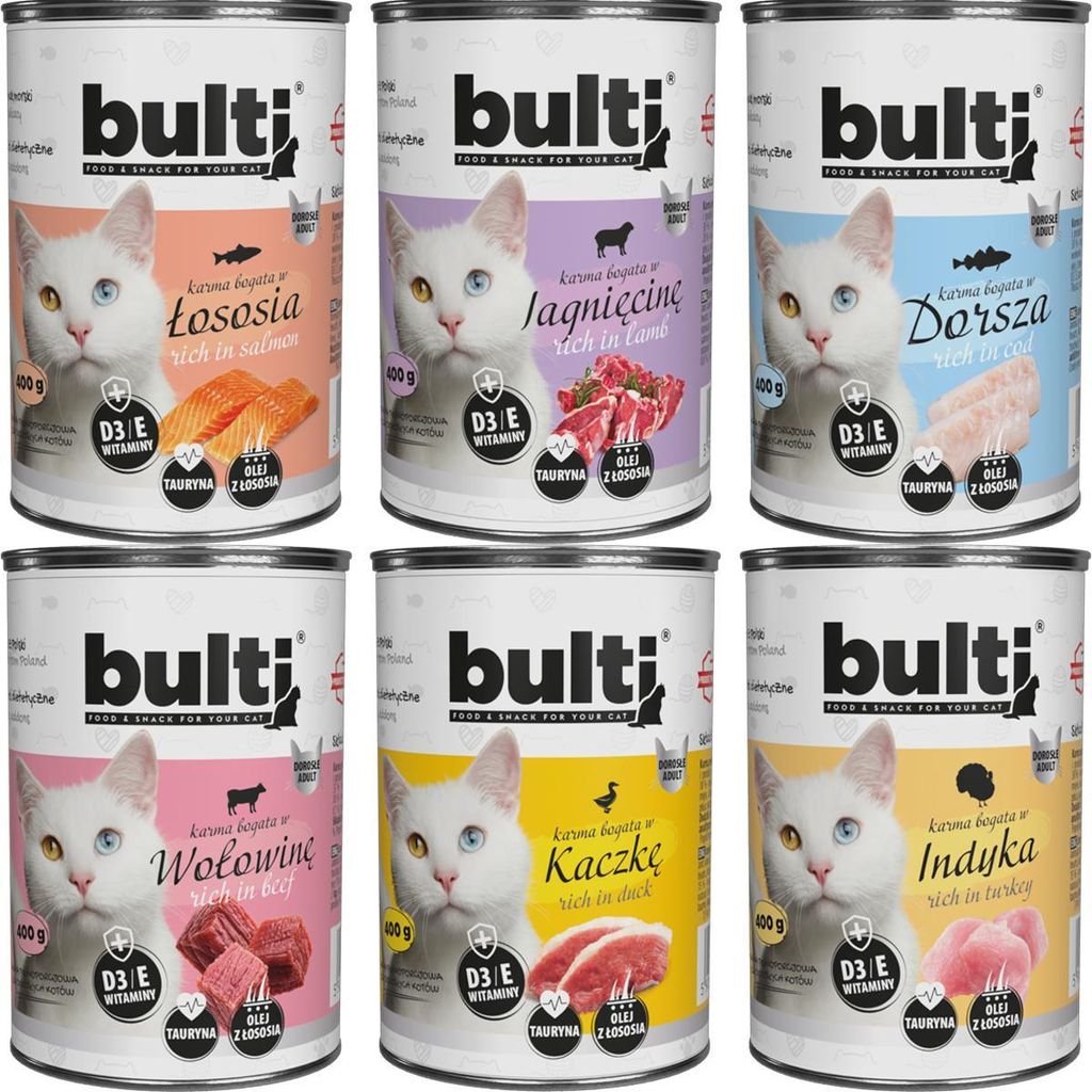Bulti | Feuchte Nahrung für Katzen - Mix Dergeschmäcker - 6x400g - 77% Feuchtigkeit - Dosenfutter Katzen