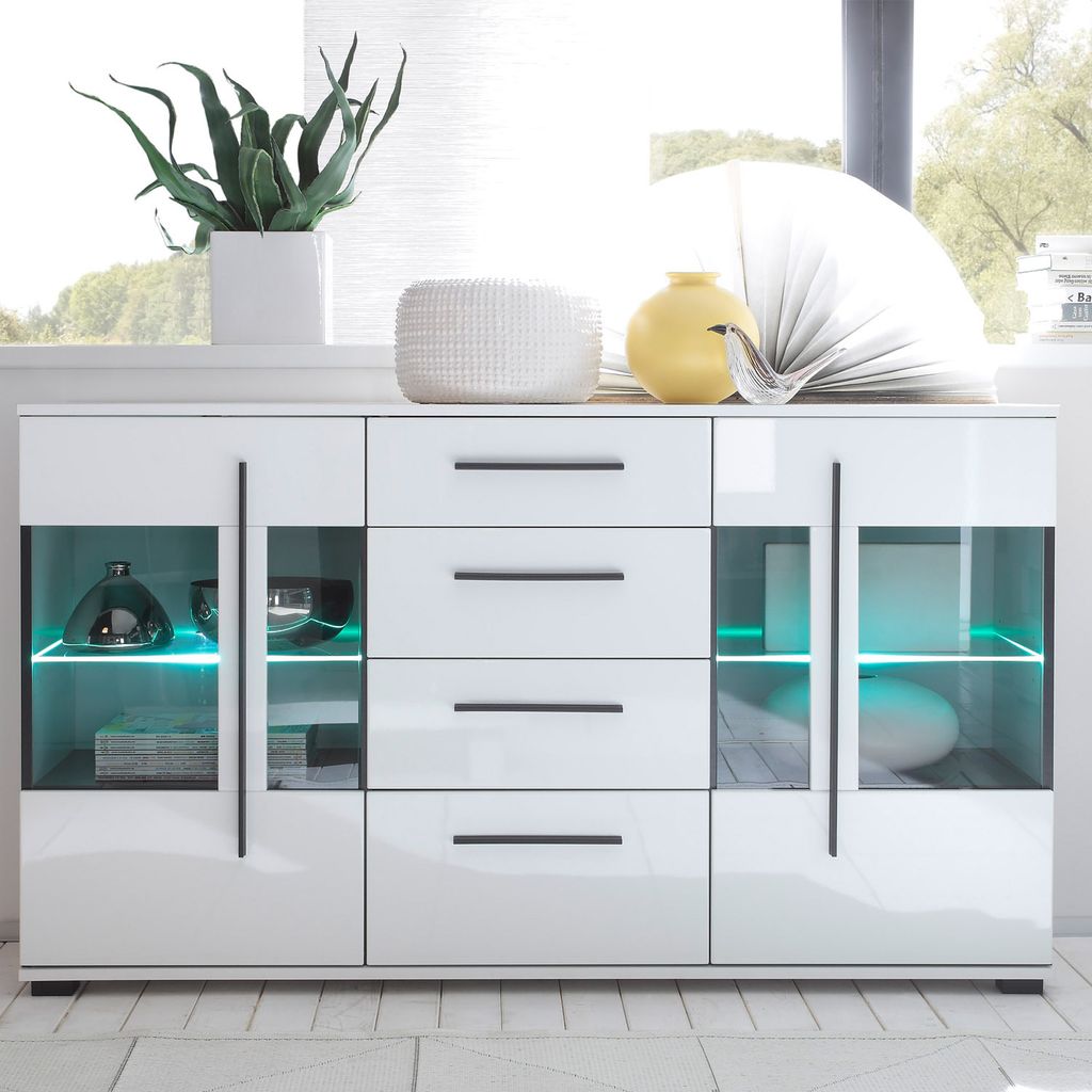 Sideboard Cantara - Weiß Hochglanz - mit Glastüren ohne Beleuchtung