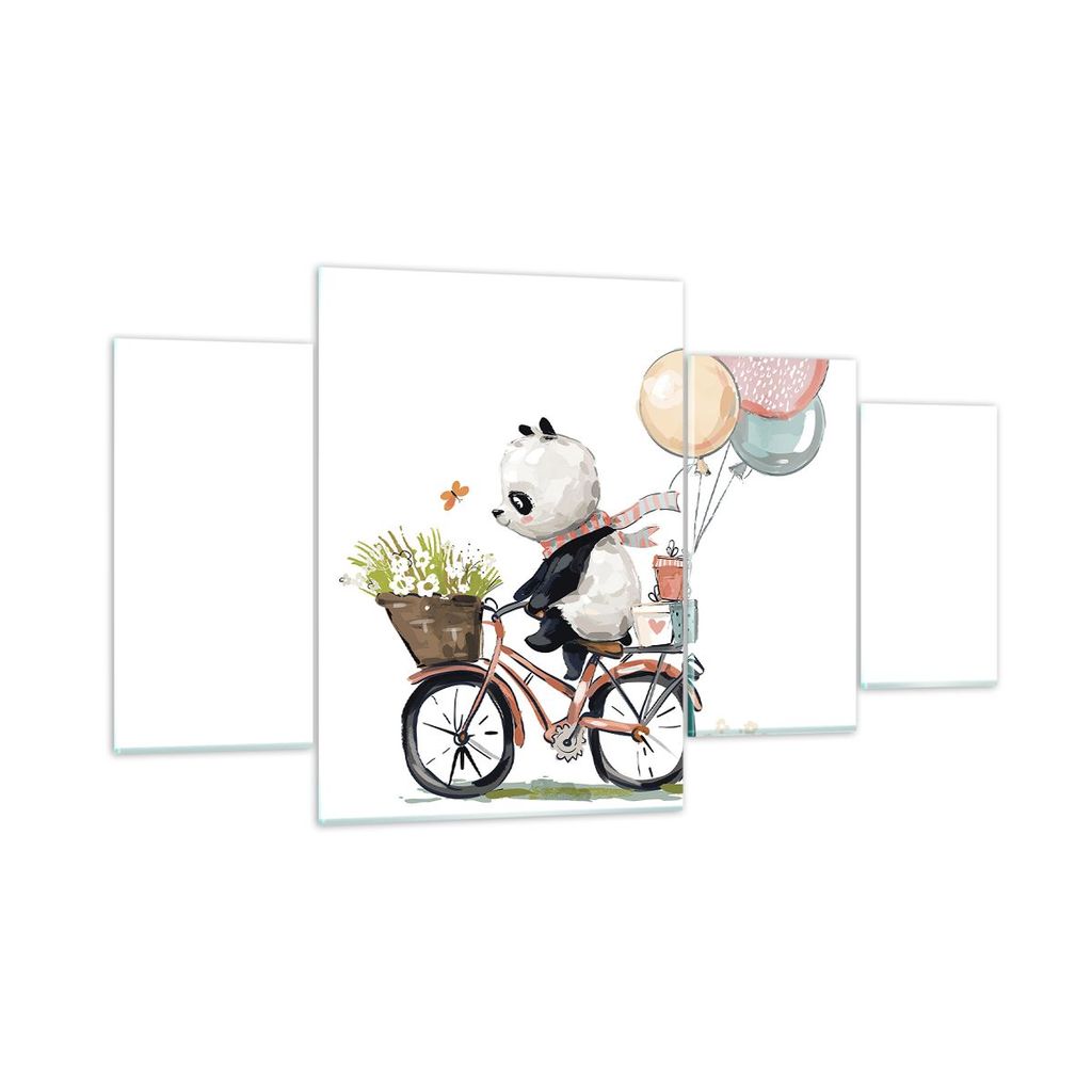 Bilder auf glas - 4 Teile - Panda Fahrrad Kinder - 160x90cm - Glasbilder - Wandbilder - Bilder - zum Aufhängen bereit - Wanddekoration aus Glas - ...