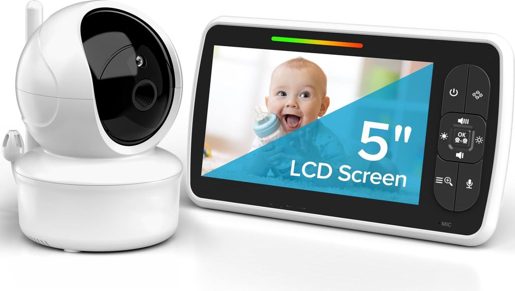 Babyphone – Großer 5-Zoll-Bildschirm mit 30 Stunden Akkulaufzeit – Ferngesteuertes Schwenken, Neigen und Zoomen; Kein WLAN, Zwei-Wege-Audio, N...