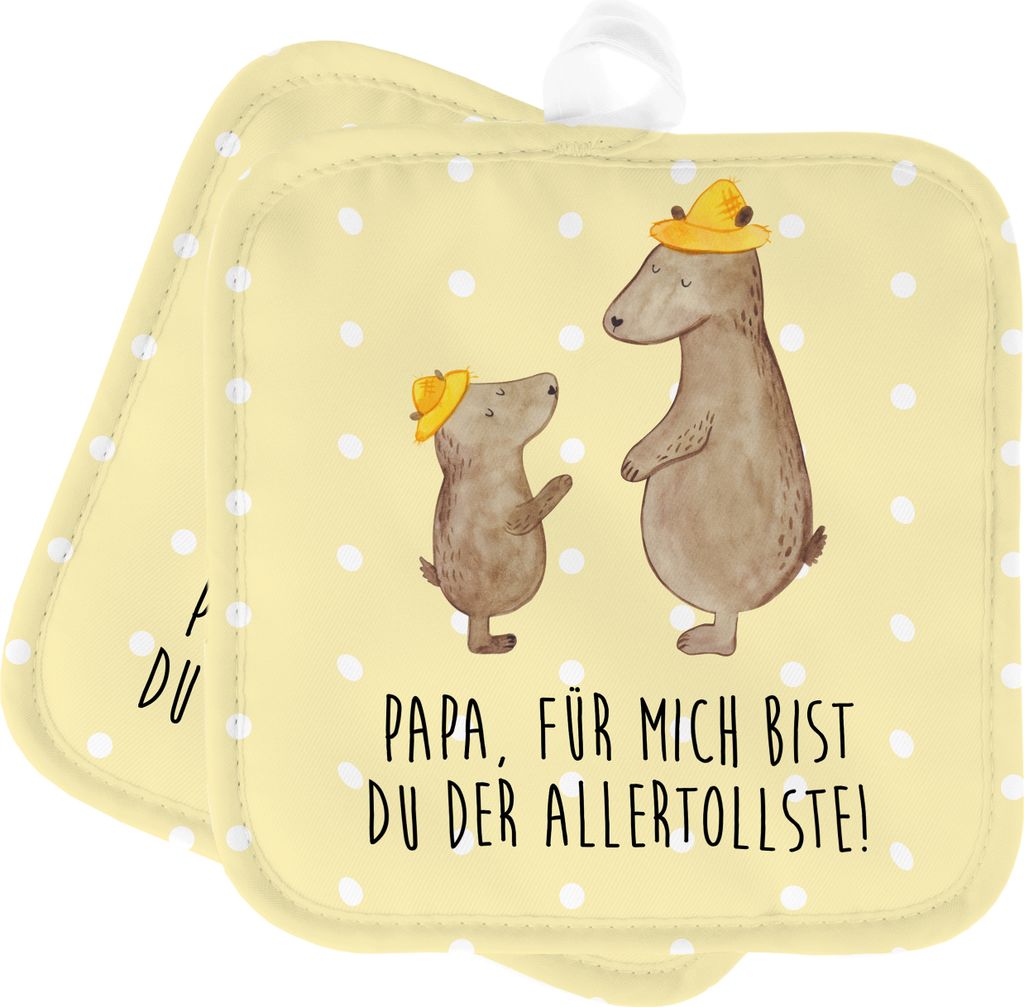 Mr. & Mrs. Panda Topfuntersetzer Bären mit Hut - Gelb Pastell - Geschenk, Ofenlappen, Papi, Topflappen Set, Doppel, topfhalter, Familie, Vatertag,...