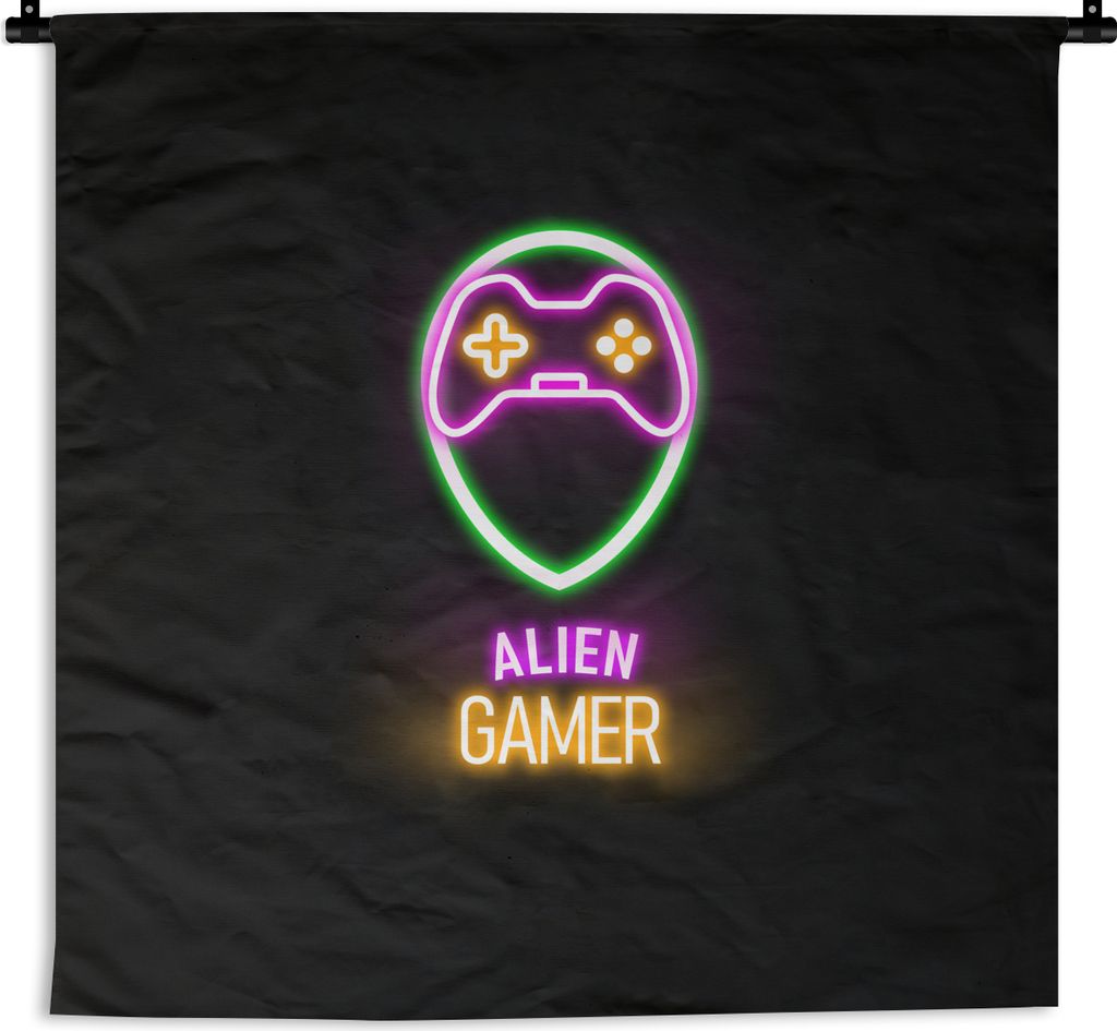 MuchoWow Wandteppich Wandbehang Gaming - Zitate - Neon - Alien-Gamer - Controller 60x60 cm Tapisserie Dekoration Wandtuch - Dekorationen - Wand D...