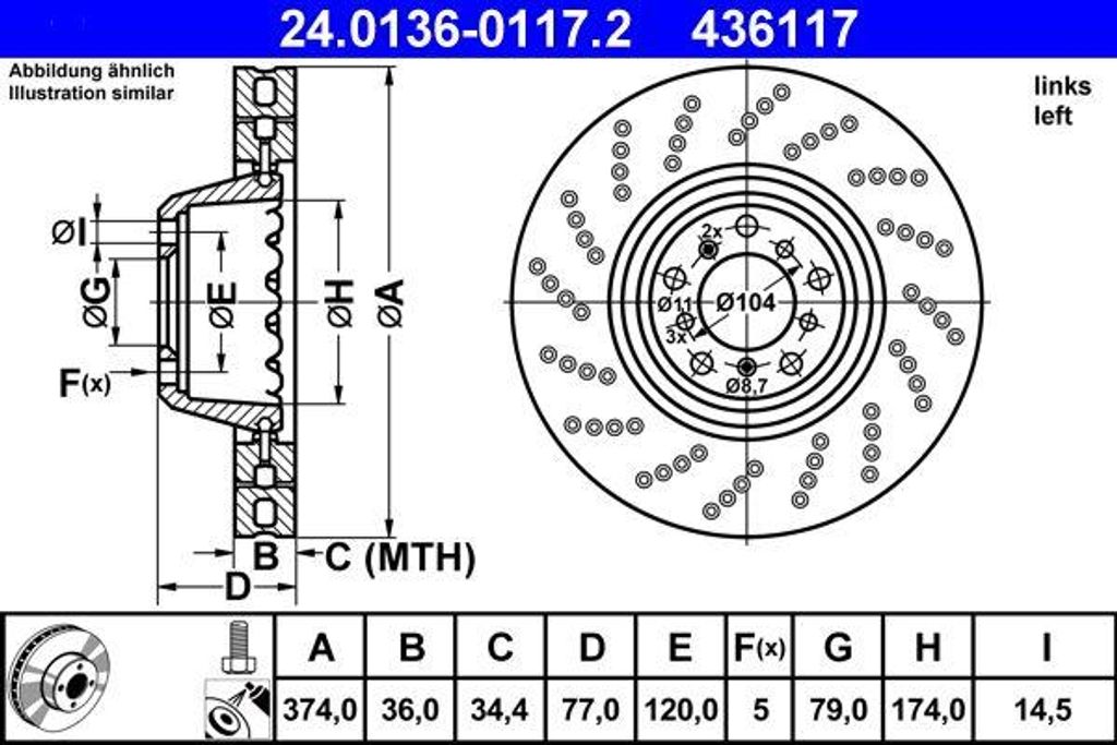 ATE 24.0136-0117.2 Bremsscheibe OE 34112282805 kompatibel mit 5er E60, 5er E61, 6er E63, 6er E64