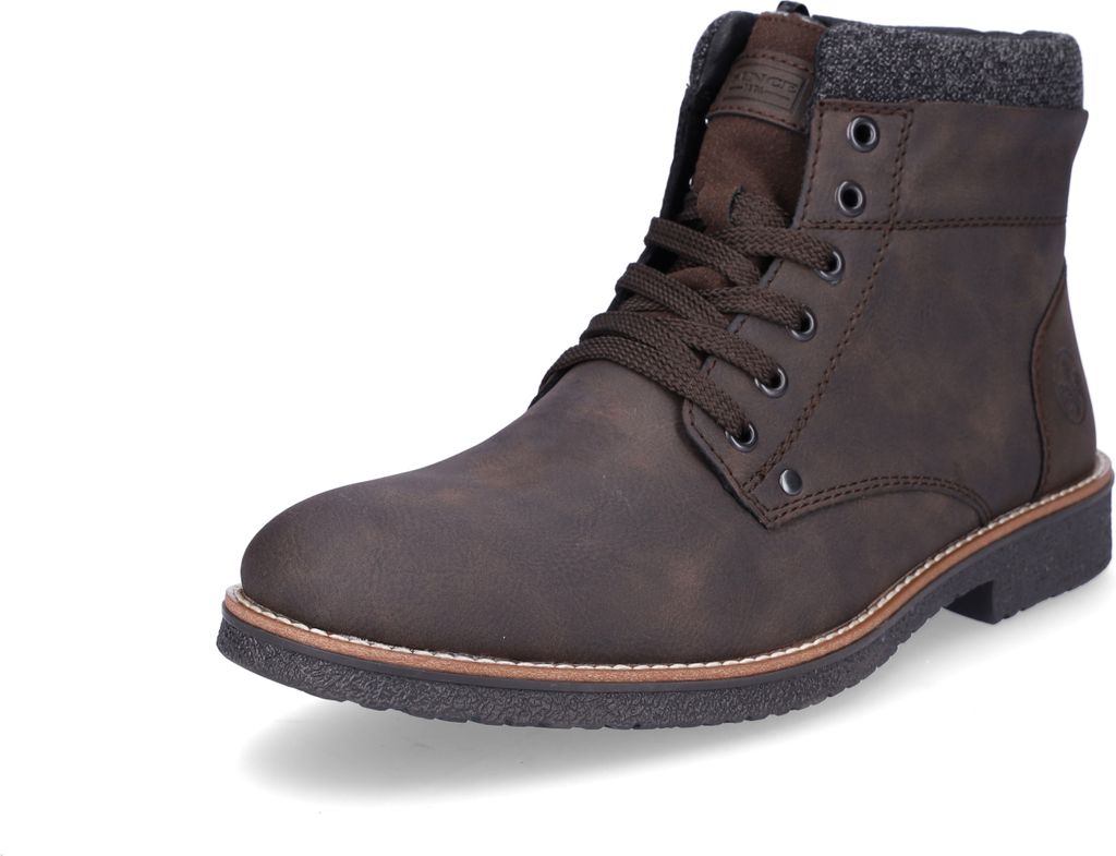 A single brown leather boot is shown against a white background.