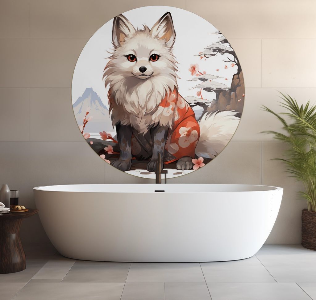 Wallario wasserfestes Poster selbstklebend 120 x 120 cm, Fuchs mit Kirschblüten, Badezimmerposter Spritzschutz mit Hochglanzoberfläche in Glasoptik