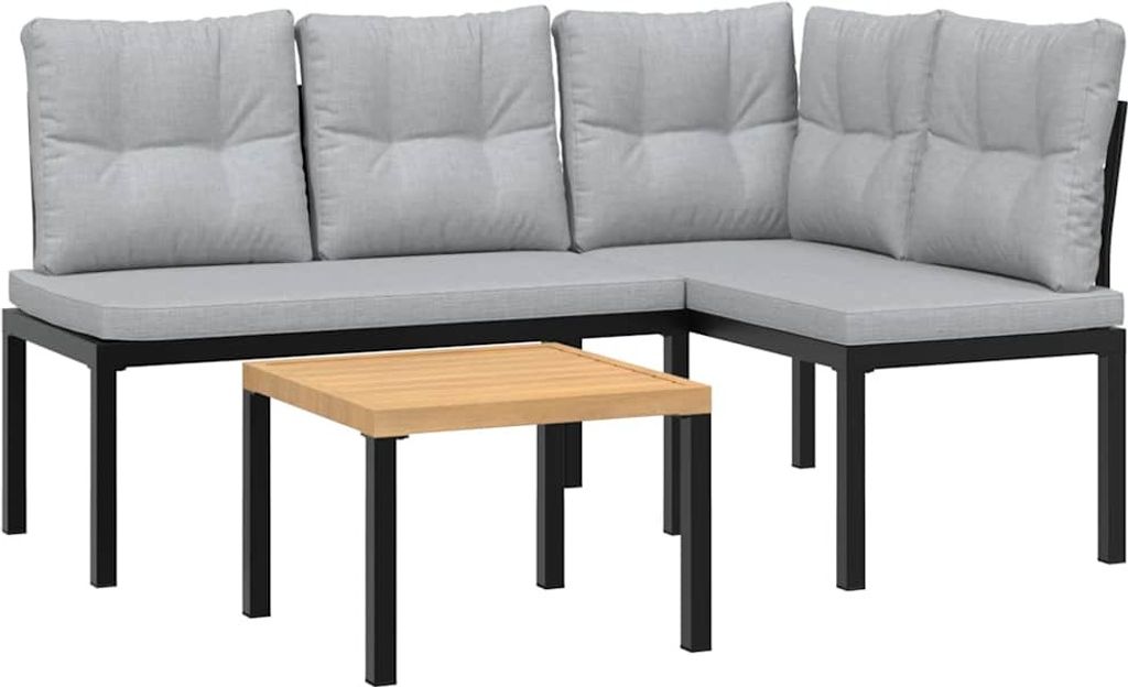A sectional outdoor sofa and a coffee table are shown against a white background.
