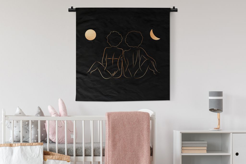 MuchoWow Wandteppich Wandbehang Frauen - Mond - Gold - Strichzeichnung 90x90 cm Tapisserie Dekoration Wandtuch - Wandaufhänger