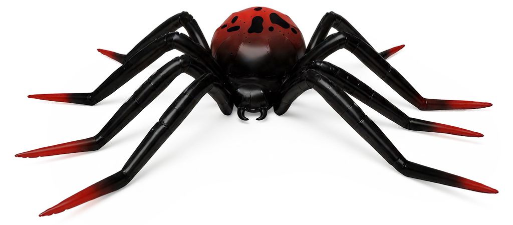 XXL Folien Standballon in Form einer schwarzen Spinne mit rotem Körper und langen schwarz roten Beinen als Halloween Dekoration.