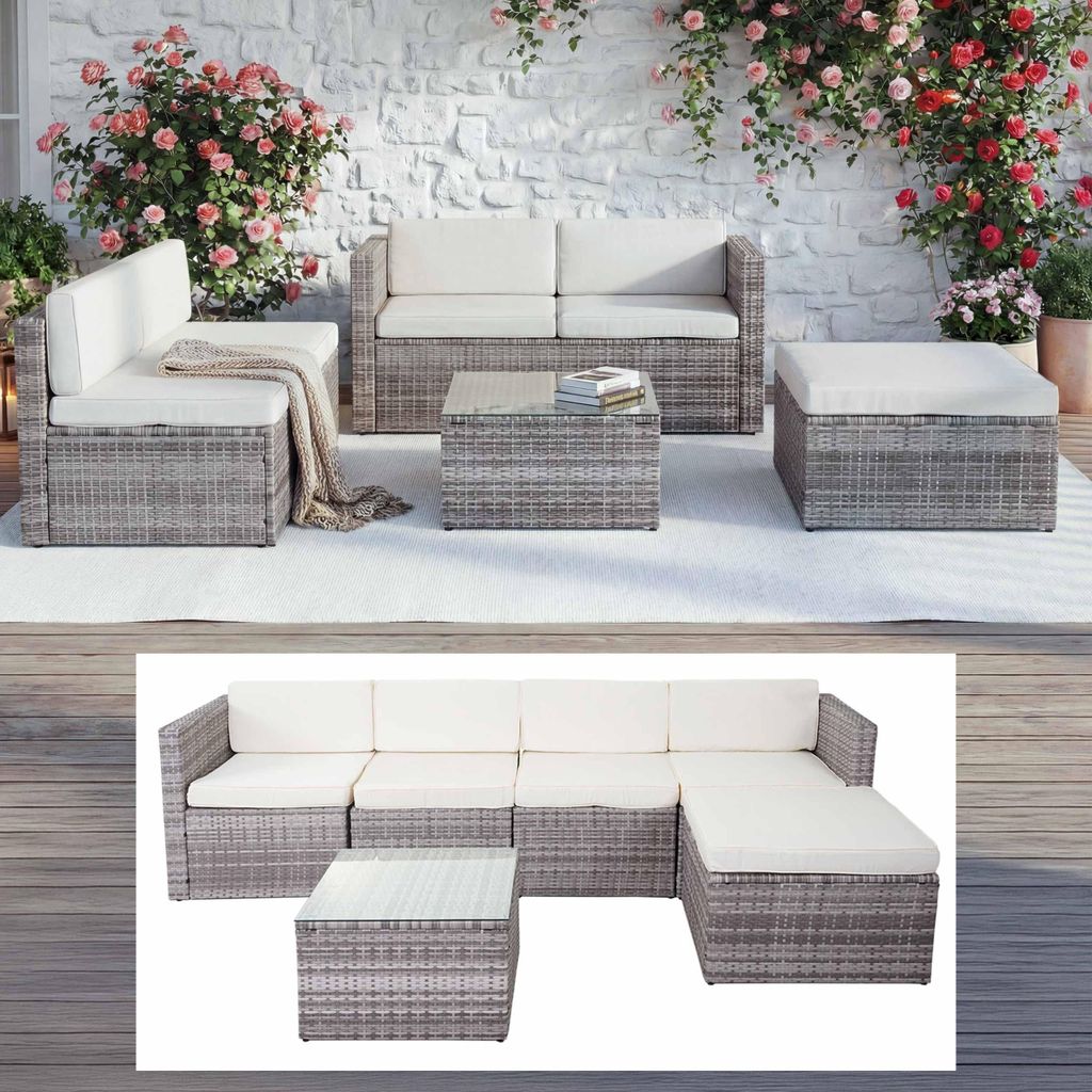 Poly-Rattan-Garnitur MCW-D24, Garten-/Lounge-Set Sofa grau, Polster creme