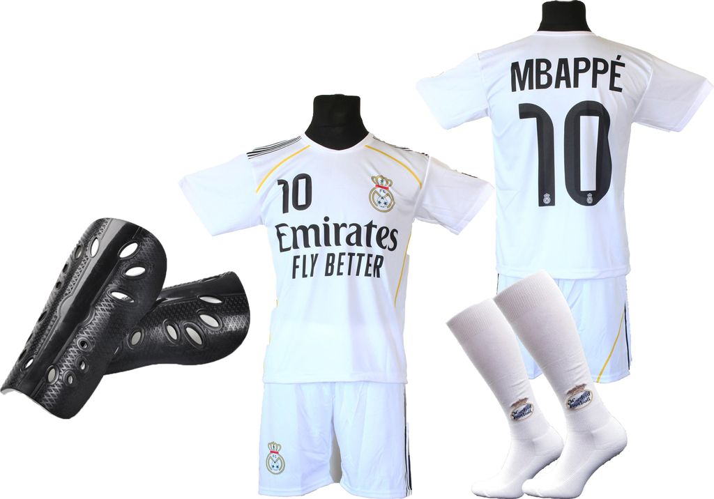 MBAPPE Fußball-Set, weißes T-Shirt, Shorts, Socken + Schienbeinschoner 134