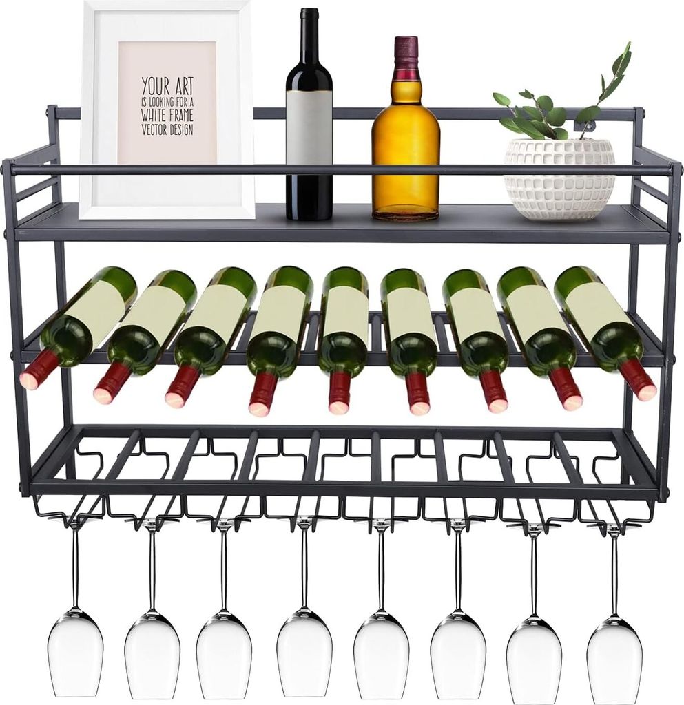 3Tier Moderner Wandmontiertes Weinregal mit Glashalter, Flaschenhalter für die Wandmontage, Wandregal