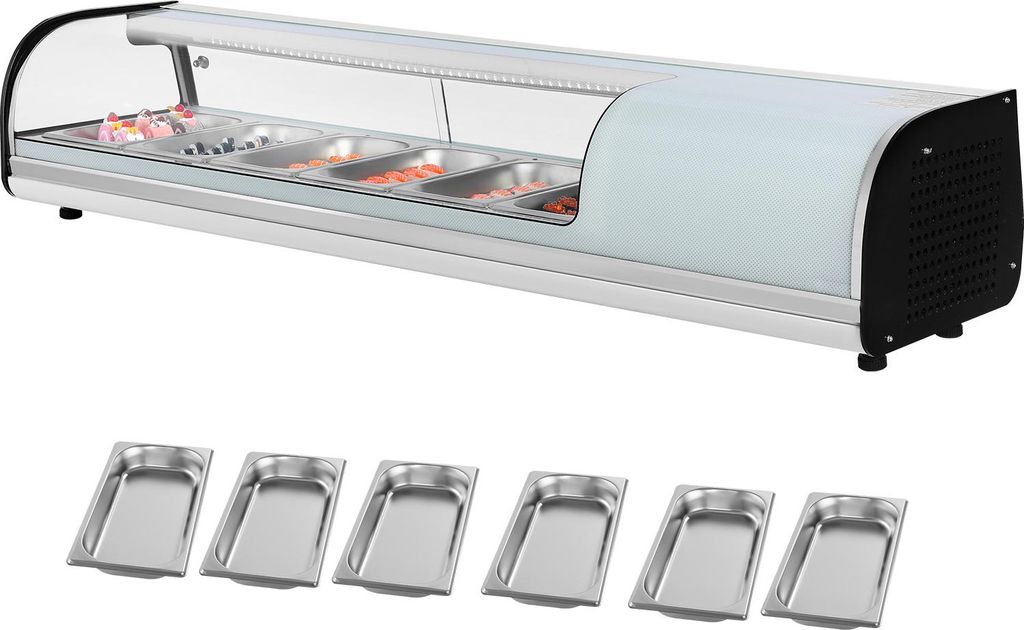 SucceBuy Sushi Kühlvitrine 62 L kommerzielle Aufsatzvitrine mit 6 Behältern, gebogenem Glas, LED-Beleuchtung und digitaler Temperatursteuerung ...