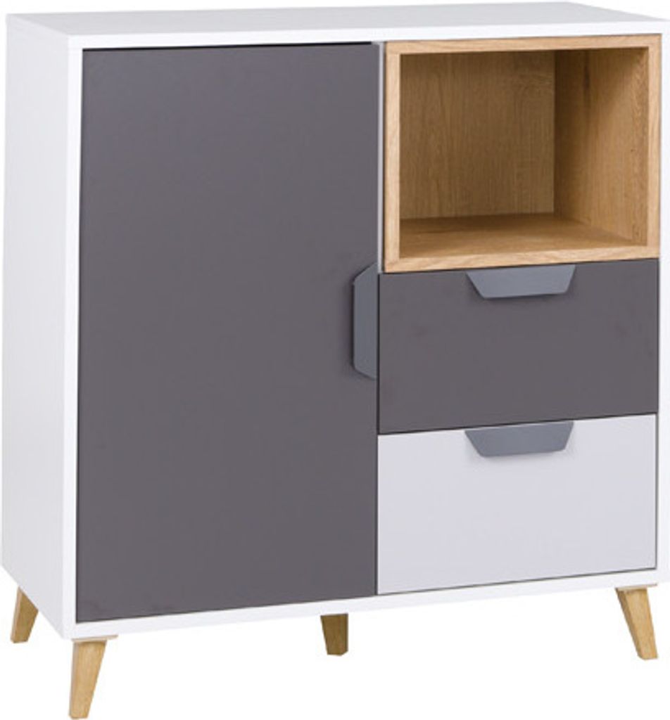 Kommode Joker 09 Sideboard 80 cm mit 2 Schubladen Kinderzimmer Weiß / Graphit + Grau + Lefkas Eiche