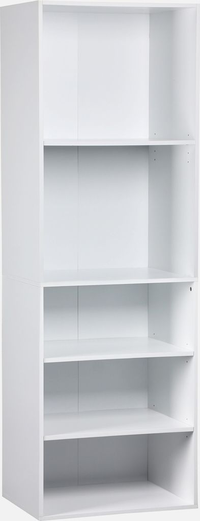 A white, five-shelf bookcase shown from the front.