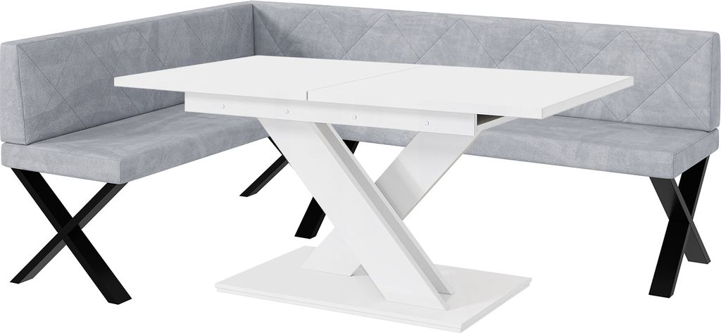 MEBLINI Eckbank für Esszimmer mit ausziehbarem Tisch - Küchenbank - Essecke - Sitzecke Küche - ERIC - X-Beine 142x196x87cm Links - Hellgrau Samt...