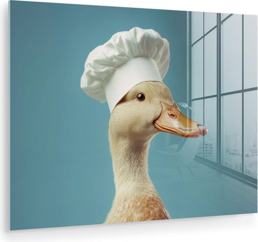 MuchoWow Glasbilder - Bilder auf Wandbild - Foto auf Glas Ente - Kochmütze - Niedlich - Vogel 40x30 cm Wanddekoration aus Glas - Acrylglasbild - A...