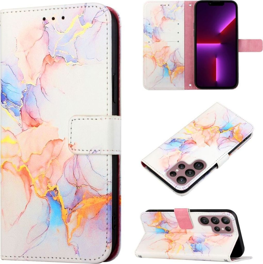 König Design Hülle kompatibel mit Samsung Galaxy S22 Ultra 5G Kunstleder Handyhülle - Handy Case Galaxy Marmor White