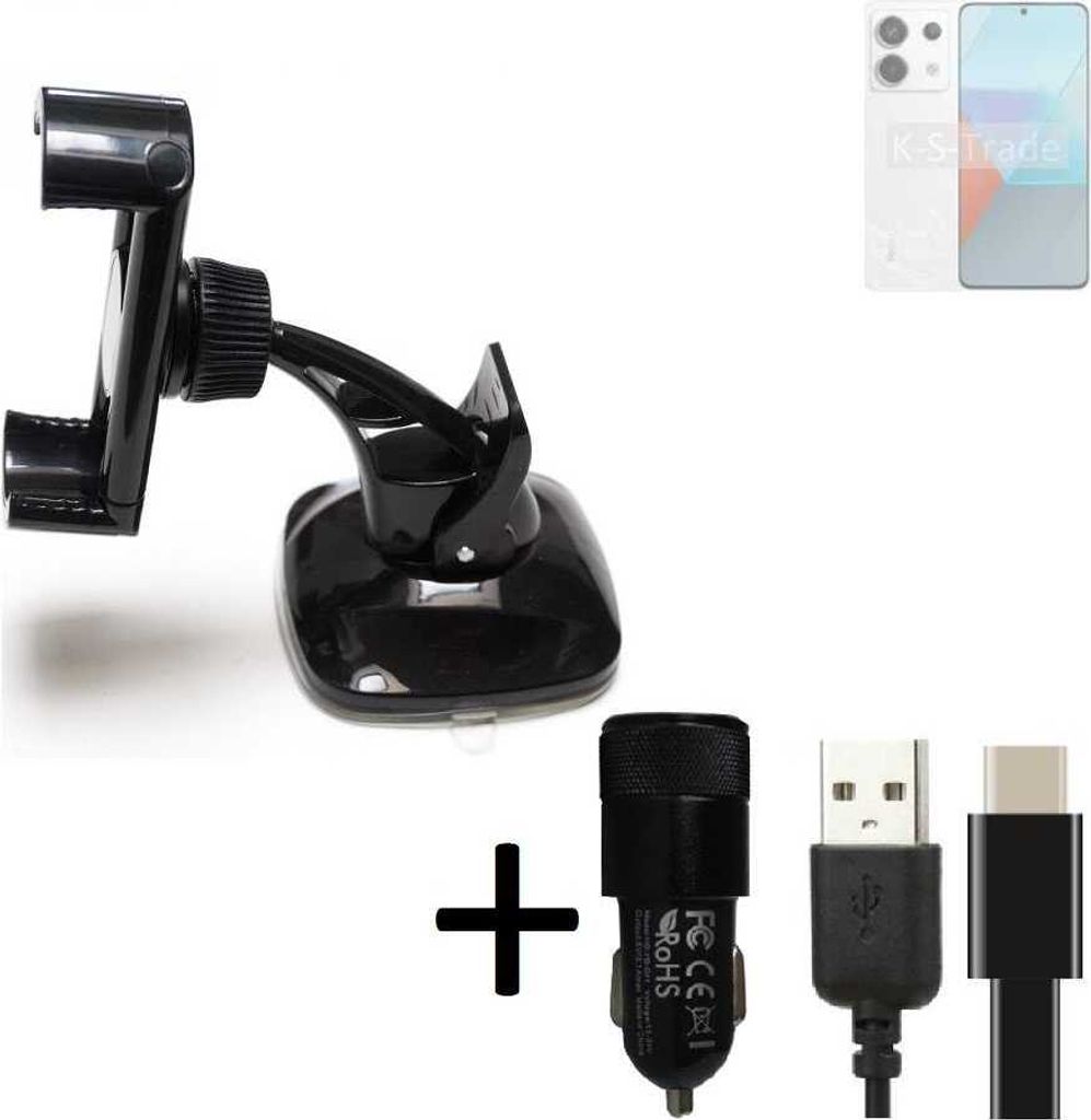 K-S-Trade Handy-Halterung kompatibel mit Xiaomi Redmi Note 13 Pro Windschutzscheibe / Armaturenbrett + LADEGERÄT mit Mico USB Kabel Autohalterung