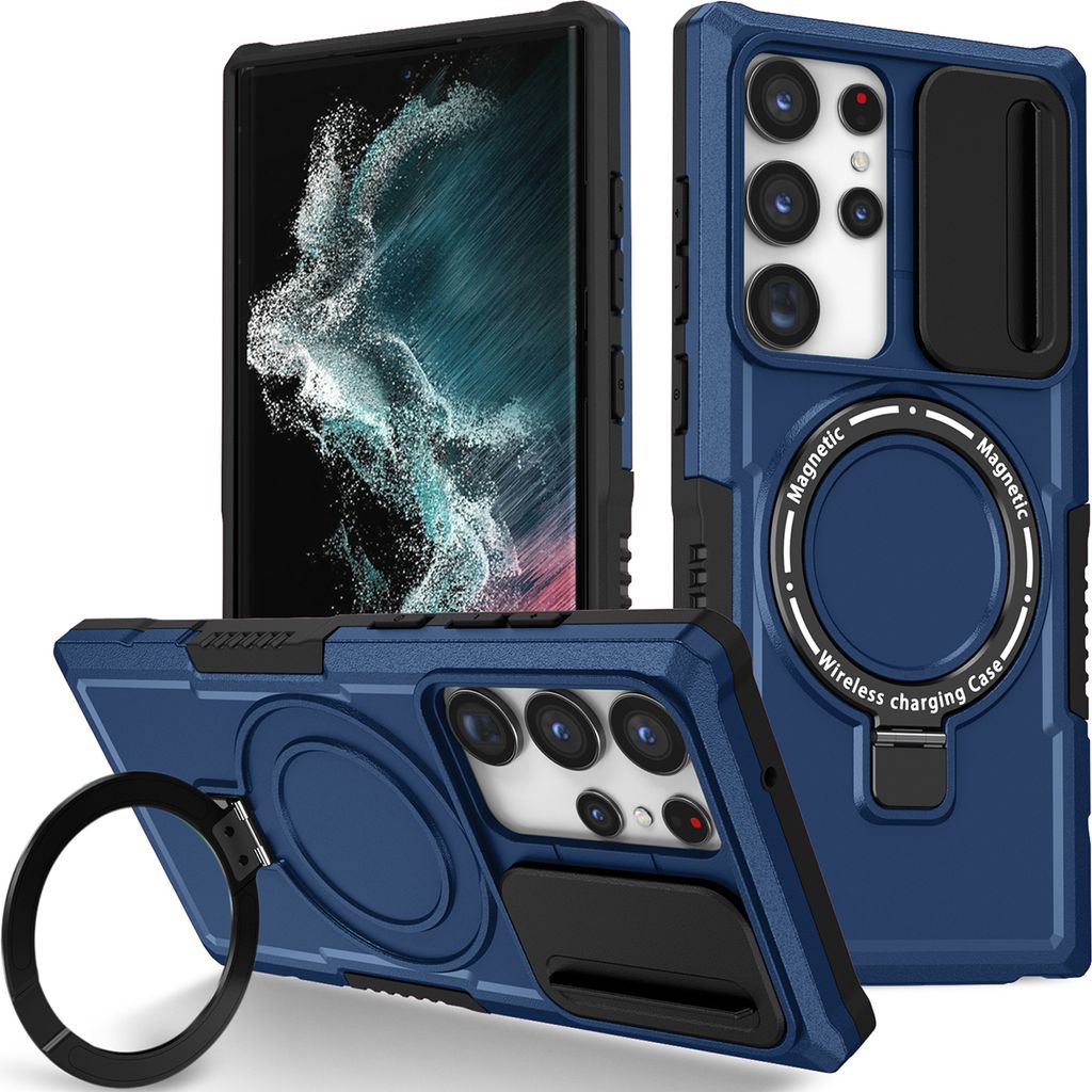 Handyhülle für Samsung Galaxy S22 Ultra 5G Kompatibel mit MagSafe, Robuste Hülle mit Schiebe Kamera Schutz, Magnetischer Ringständer Blau