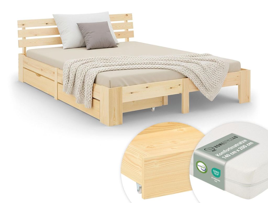 Homestyle4u Holzbett 140x200 mit Lattenrost mit Matratze Produktbild 