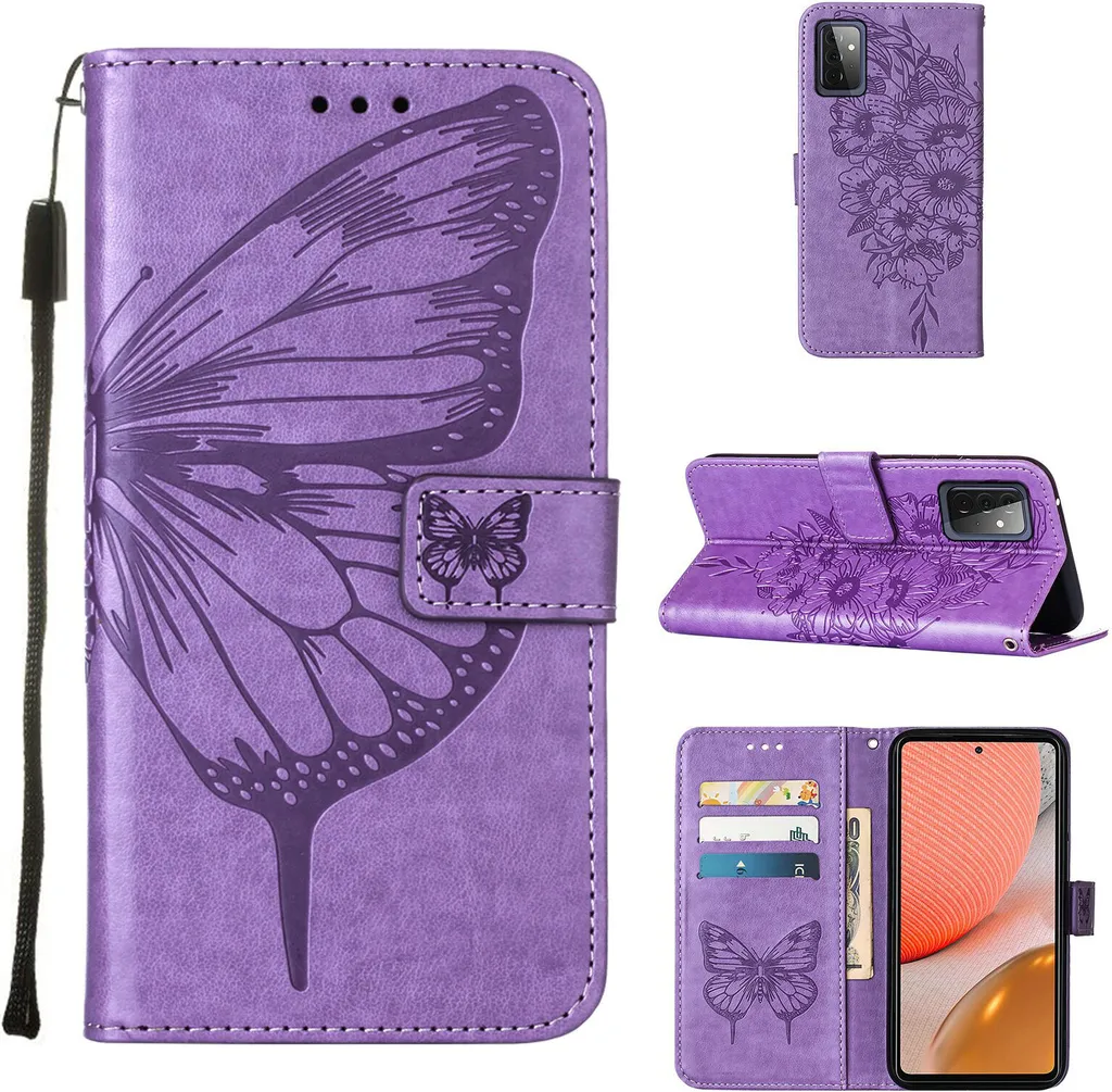 Galaxy A72 4G Case, Butterfly Relief Flip Custodia in pelle con slot per schede e stand per Samsung Galaxy A72 4G / 5G Viola