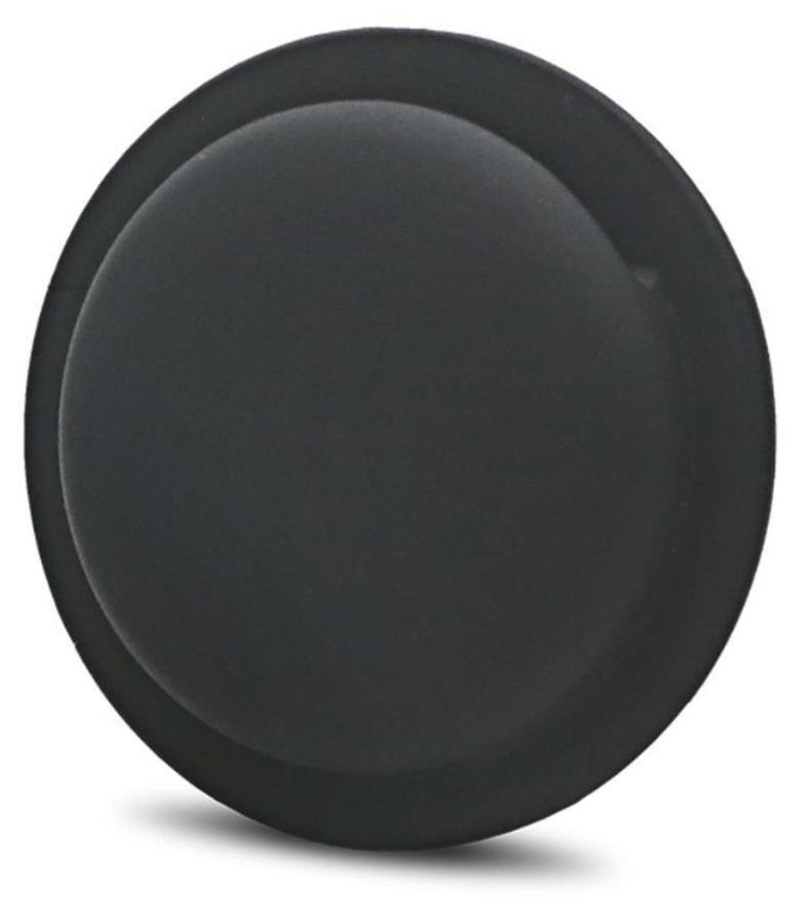 A black circular object, likely a protective cover or accessory, is presented against a light gray background.