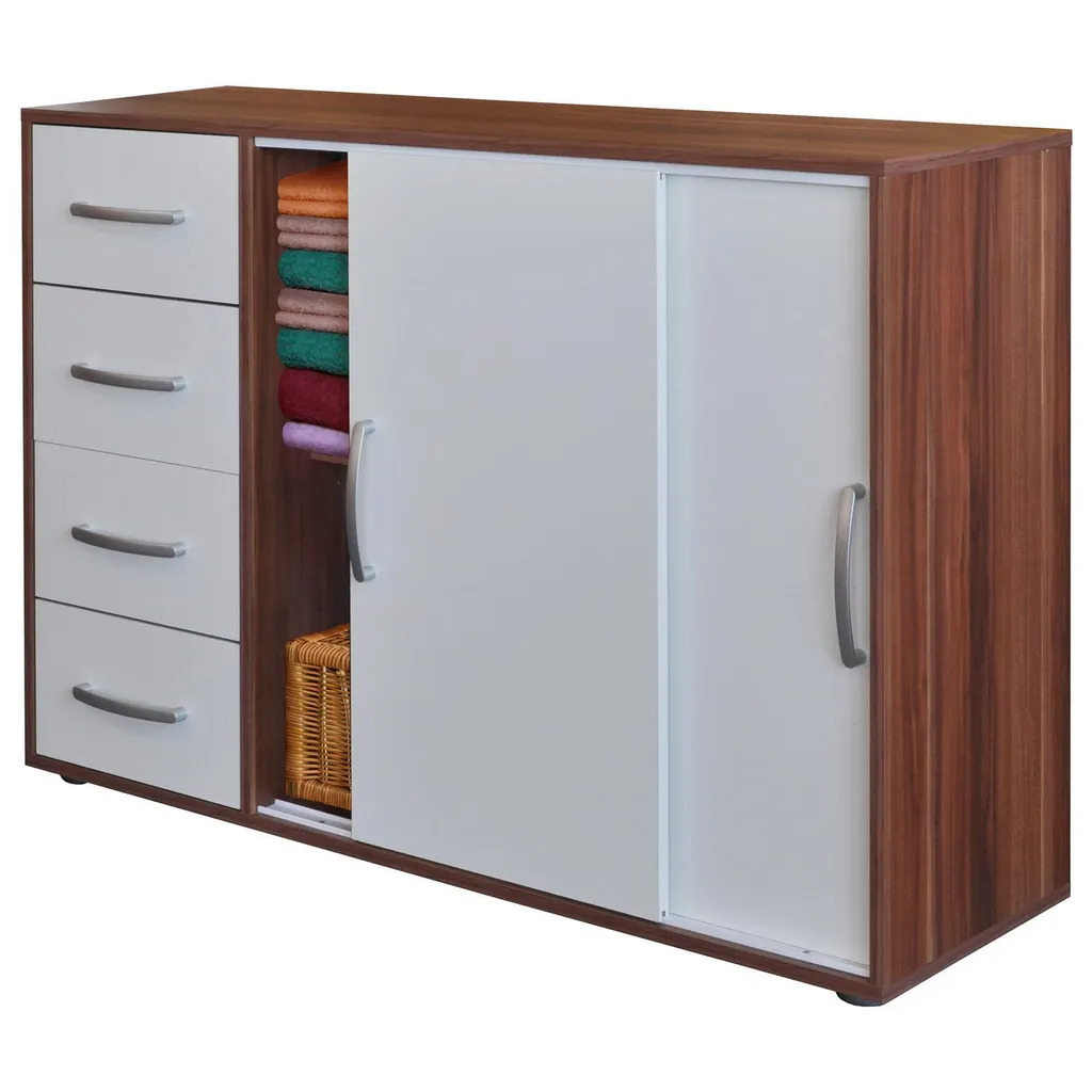 Buffet Bas Commode 61503 bicolore Noyer et Blanc avec Grands Tiroirs