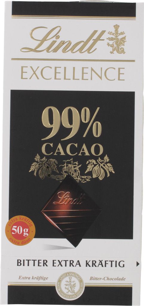A product shot of a Lindt Excellence 99% Cacao chocolate bar packaging.