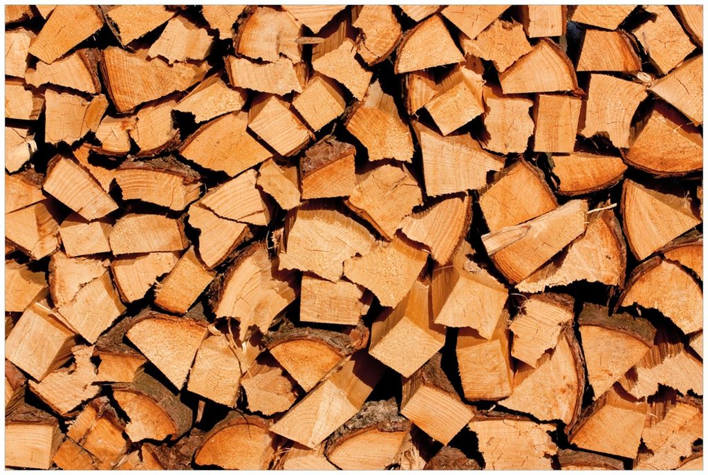 Wallario Premium Glasbild, freischwebende Optik, kräftige Farben, Größe 90 x 60 cm Motiv Holzstapel gehackt - Holzscheite für den Kamin