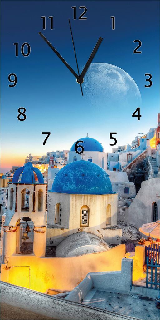 Wallario Design Wanduhr Urlaub auf Santorini aus Echtglas, Größe 30 x 60 cm