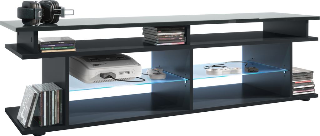 Vladon TV Board Movie V3 Game On 138,5 x 39 x 37,5 cm inkl. LED-Beleuchtung Blau, Korpus in Schwarz matt, Game Aufsatz in Grau Hochglanz