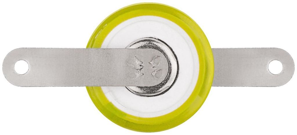 A close-up, top-down view of a single AAA battery with metal tabs attached for soldering.