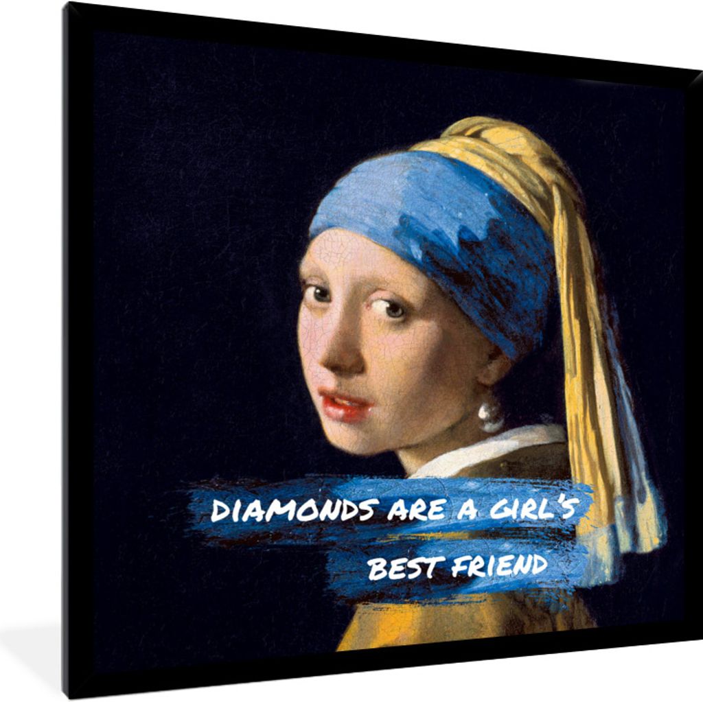 MuchoWow Gerahmtes Poster Vermeer - Das Mädchen mit dem Perlenohrring - Zitat 40x40 cm - Poster mit Schwarzem Bilderrahmen Wandposter Rahmen Fot...