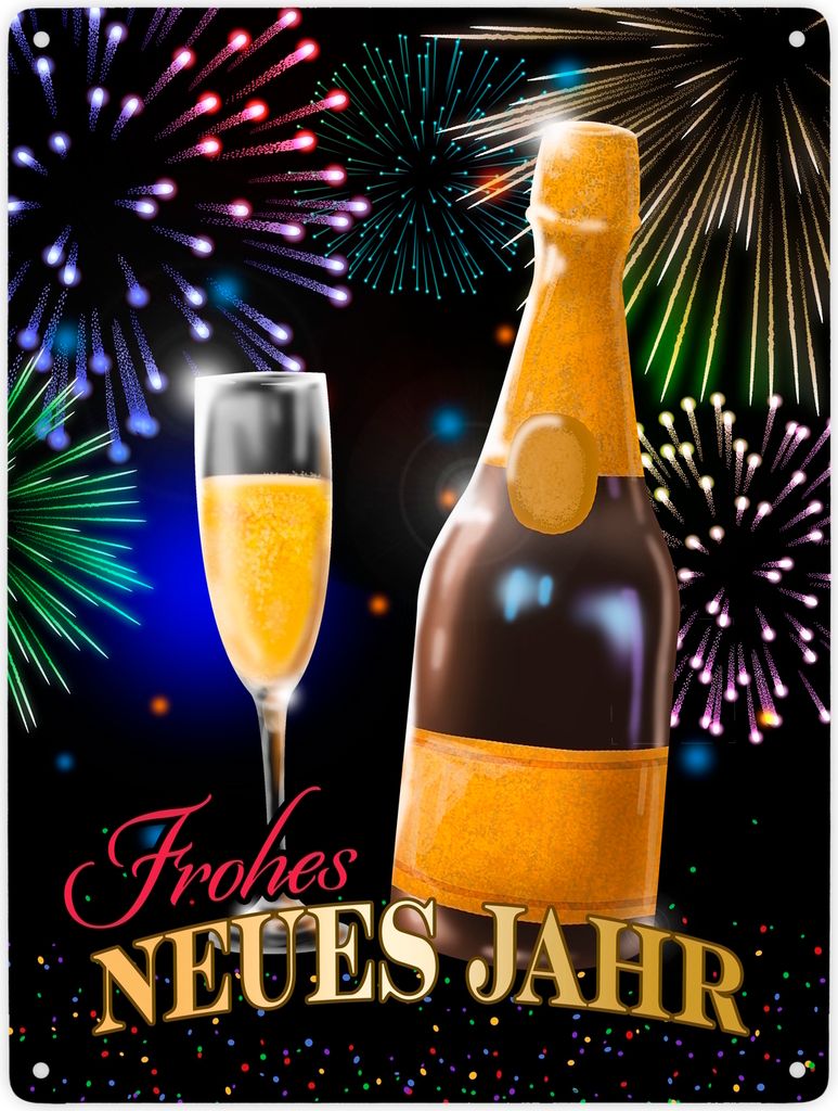 Frohes neues Jahr Metallschild XXL in 28x38 cm mit Sekt und Feuerwerk